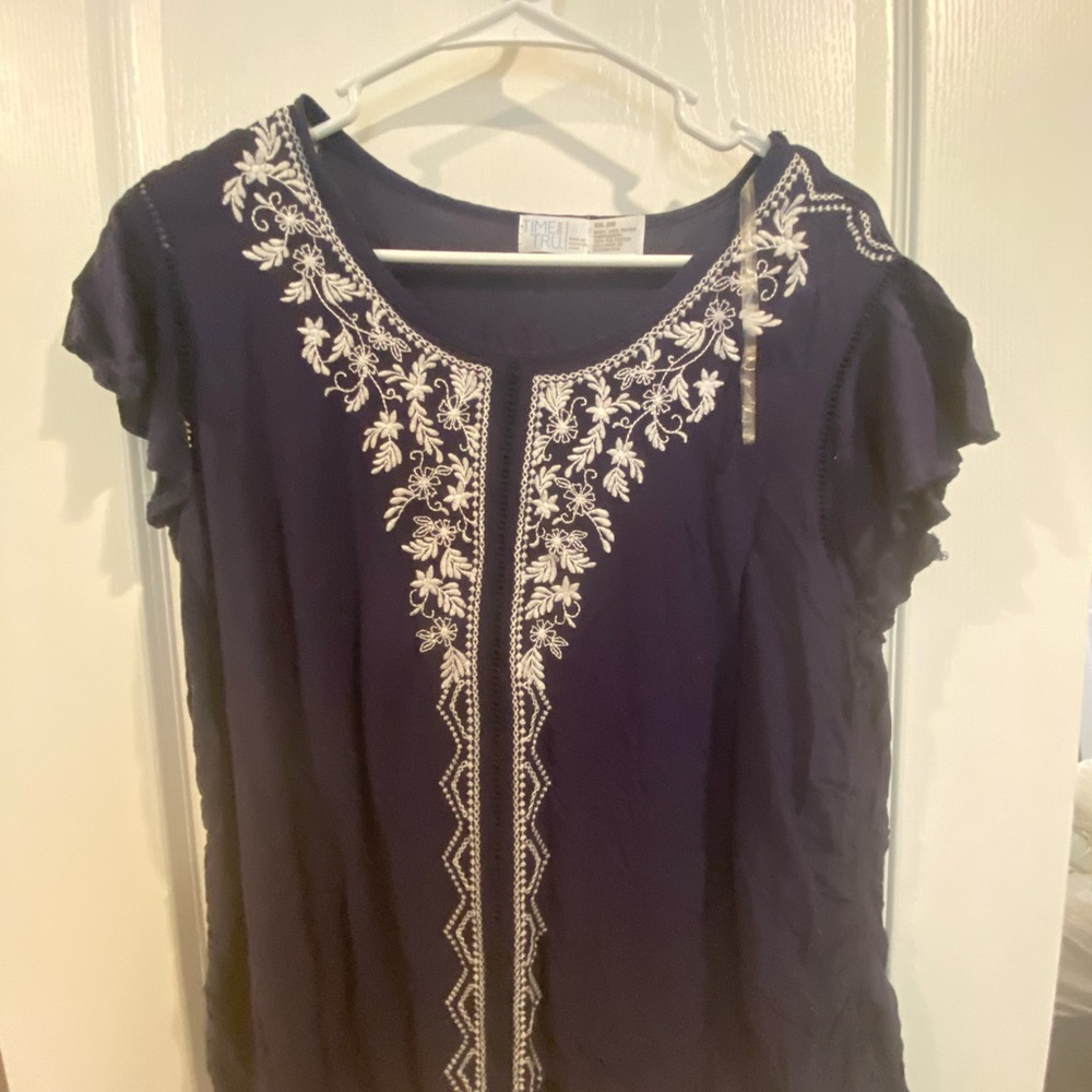 Time and True Navy women’s plus crochet detail.